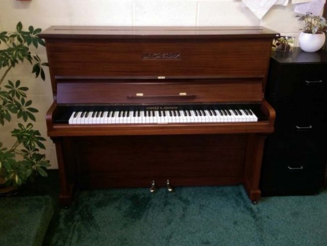 Hodges & Johnson Piano With Mahogany Carved Marquetry - £895 - H 119 / L 149 / D 56cm